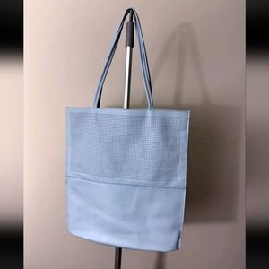 Saks Fifth Avenue BLUE Pierced Pattern Square Tote Bag Handbag NWT